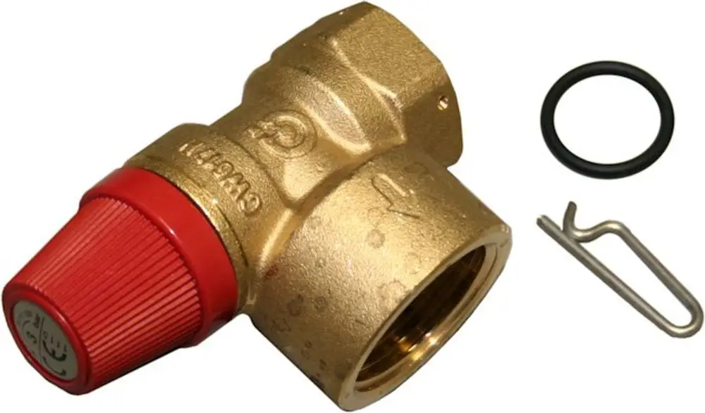 Sicherheitsventil von Bosch in Messingausführung mit rotem Drehgriff, O-Ring und Sicherungsstift. Anwenderfreundliches Design zur Druckregulierung in Heizsystemen.